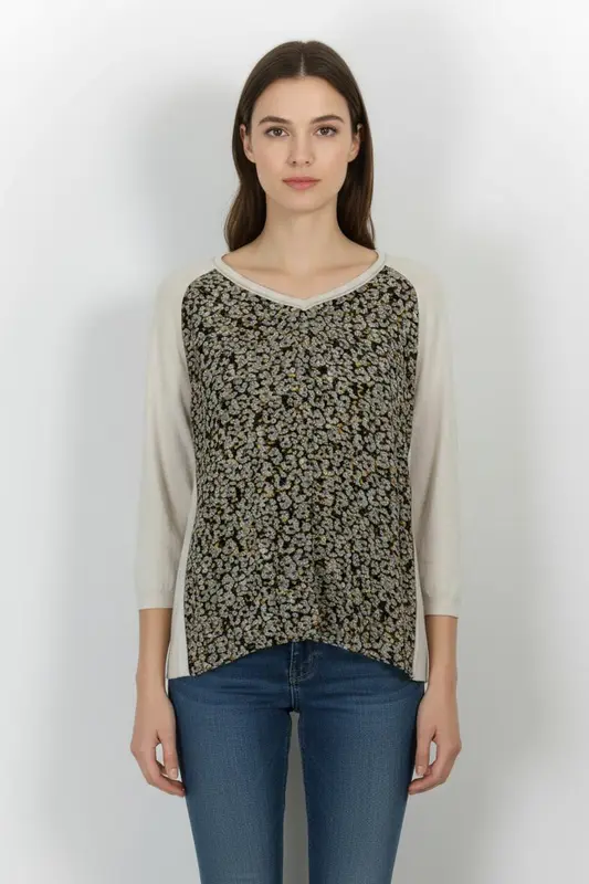 Pull Écru et Noir floral - Taille M/38
