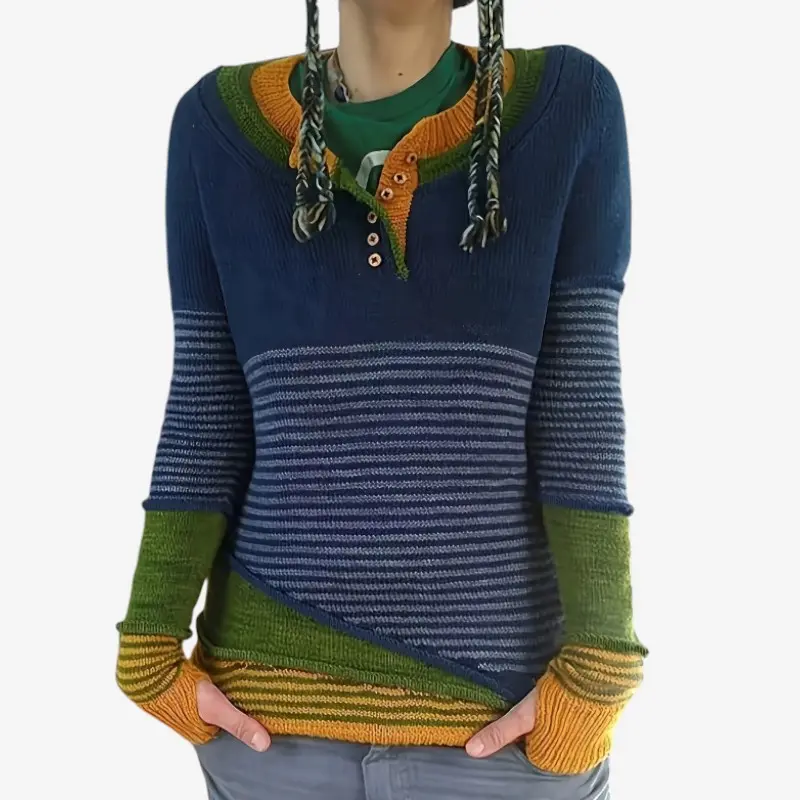 Pull femme ample col rond imprimé avec boutons