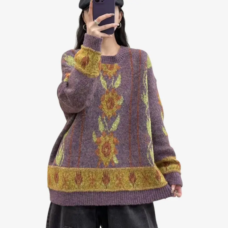 Pull femme ample col rond motif floral