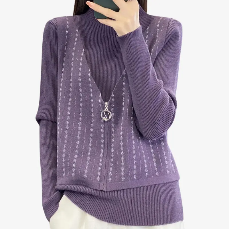 Pull femme ample imprimé manches longues col montant zippé