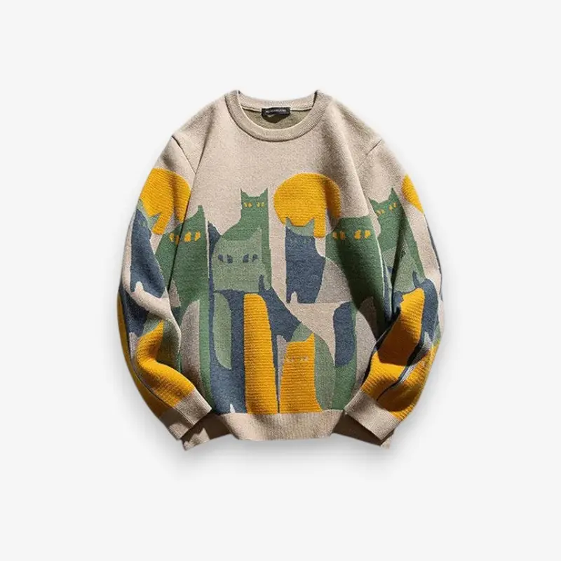 Pull femme imprimé chat col rond manches longues