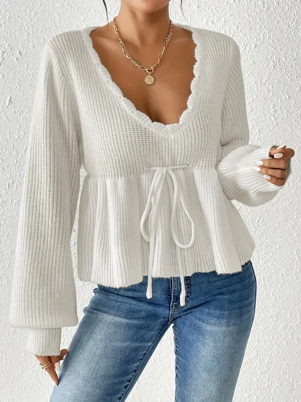 Pull femme manches longues avec cordon à l’ourlet