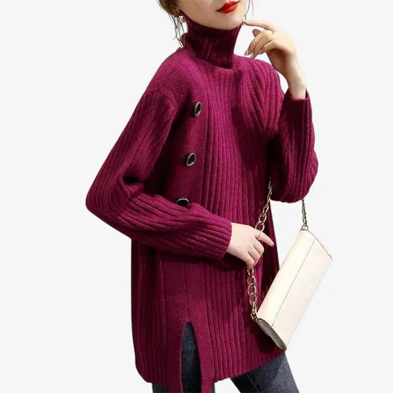 Pull femme manches longues coupe ample col montant