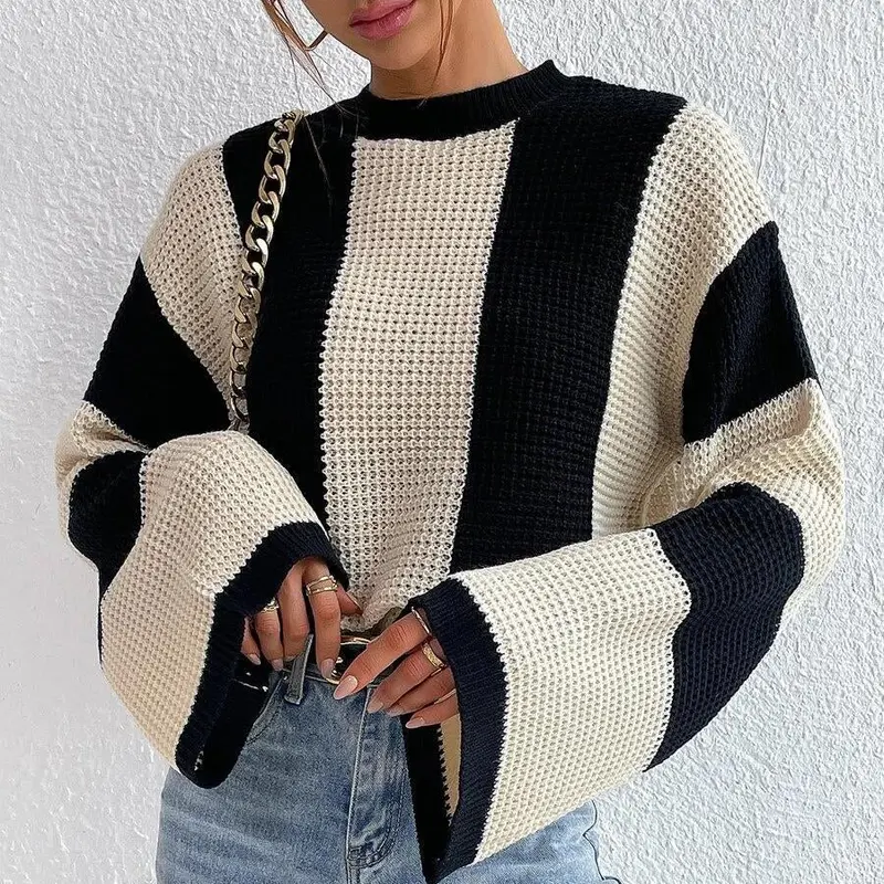 Pull femme rayé col rond manches longues