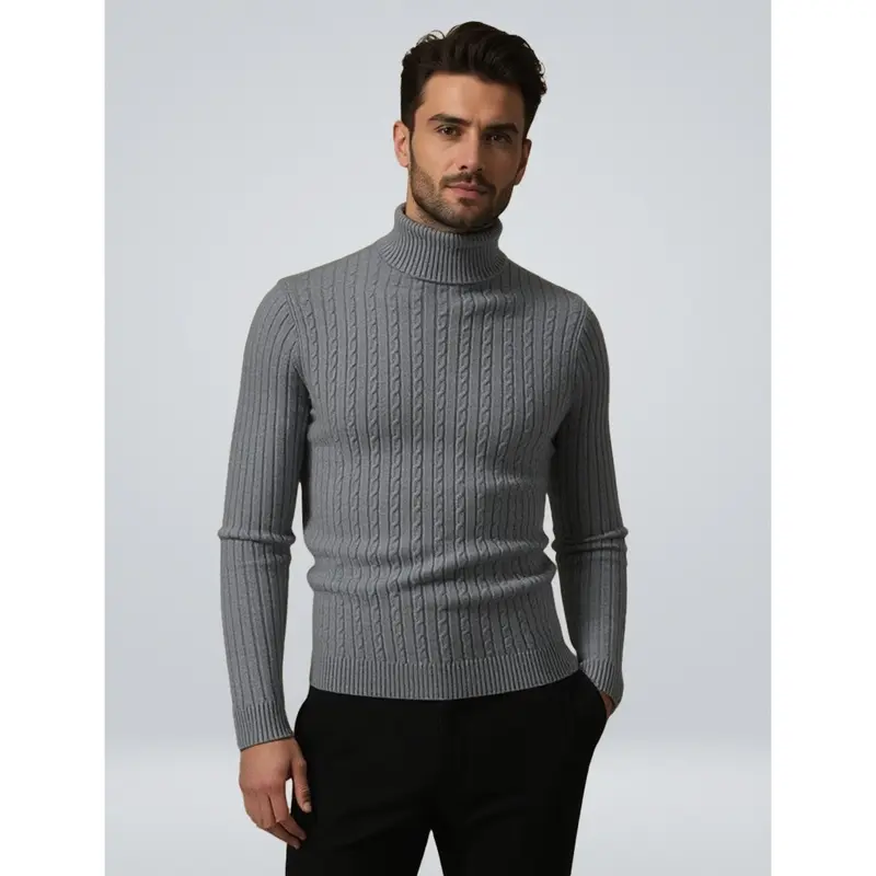 Pull homme à col roulé en coton, maille torsadée chaleureuse