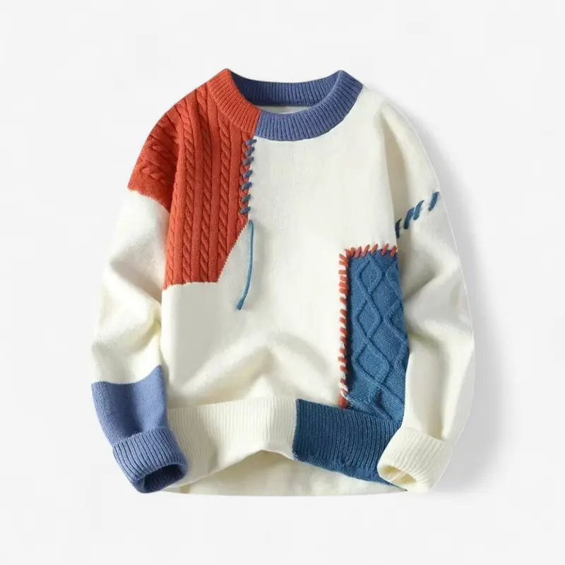 Pull homme ample col rond patchwork manches longues