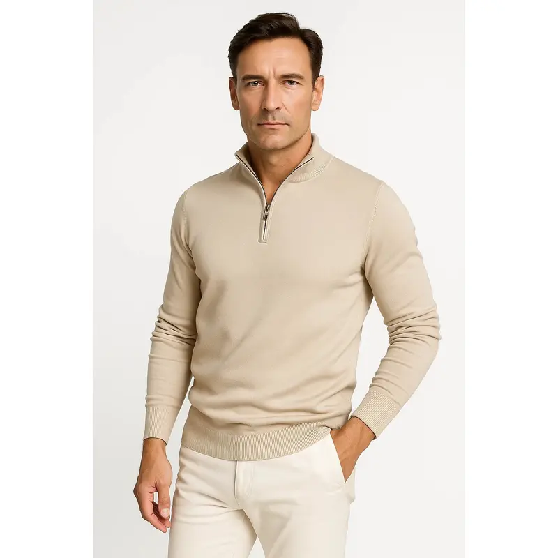 Pull homme col zippé en coton mélangé, coupe classique