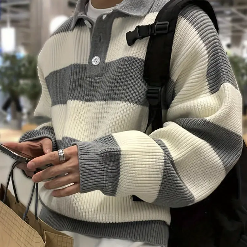 Pull homme rayé loose fit, col polo boutonné