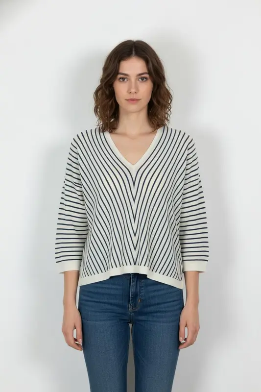 Pull Rayé Écru et Bleu - Taille L/40