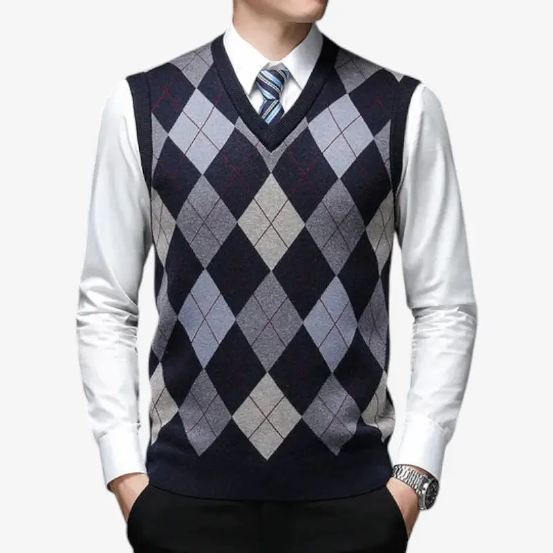 Pull sans manches homme col en V à carreaux