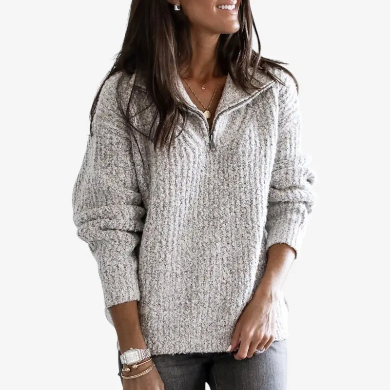 Pull zippé ample à manches longues en maille côtelée