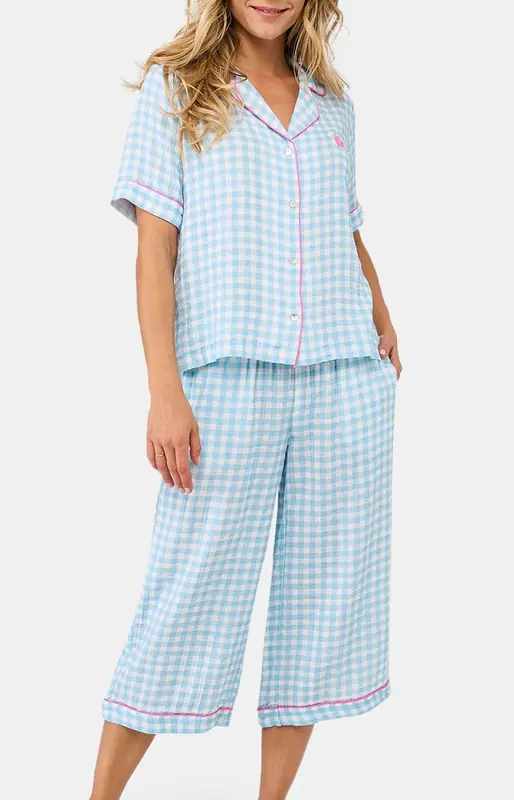 Pyjacorsaire en gaze de coton - Vichy turquoise