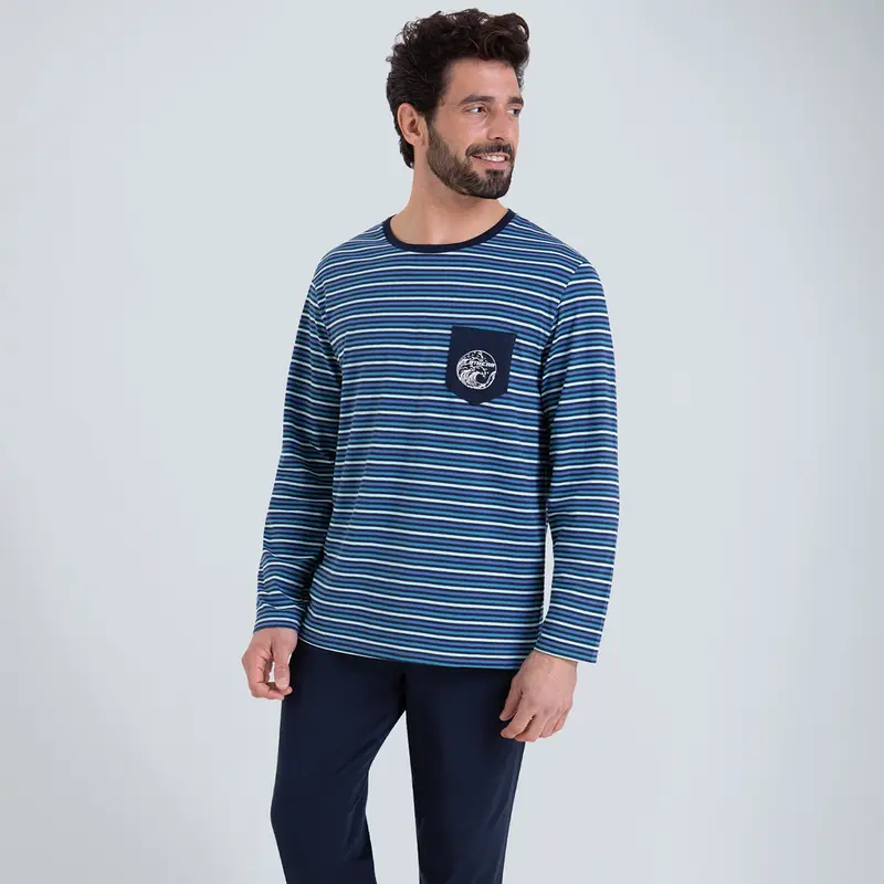 Pyjama long col rond homme Rayures Waves Athena