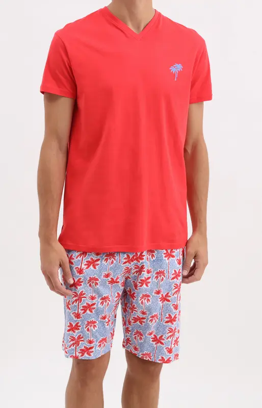 Pyjashort en jersey de coton léger - Palmier rouge