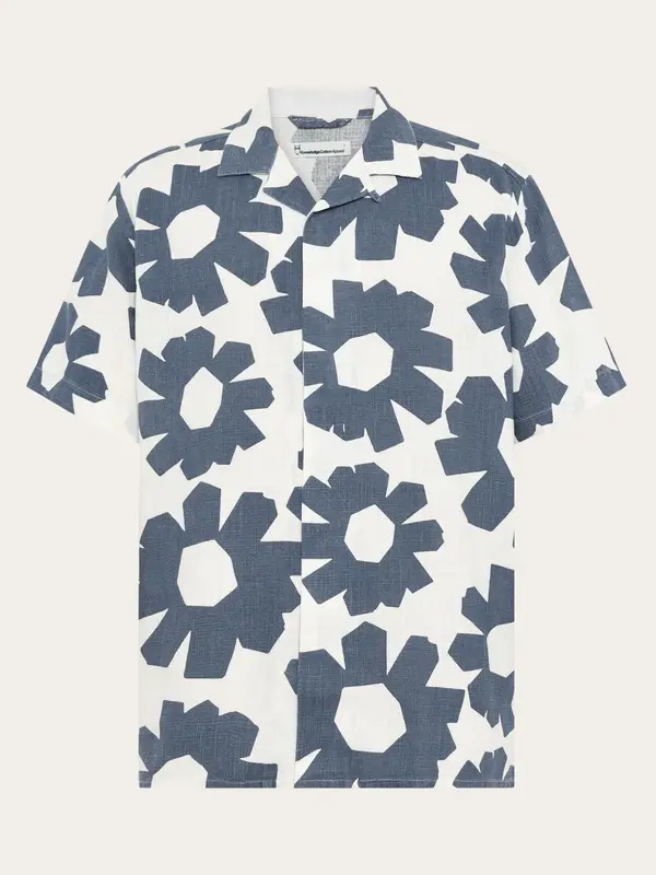 Relaxed linen blend print short sleeve shirt - Blue
