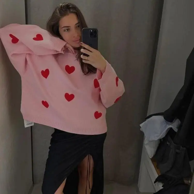 Rhea - Pull Confort Imprimé Cœur avec Col Rond