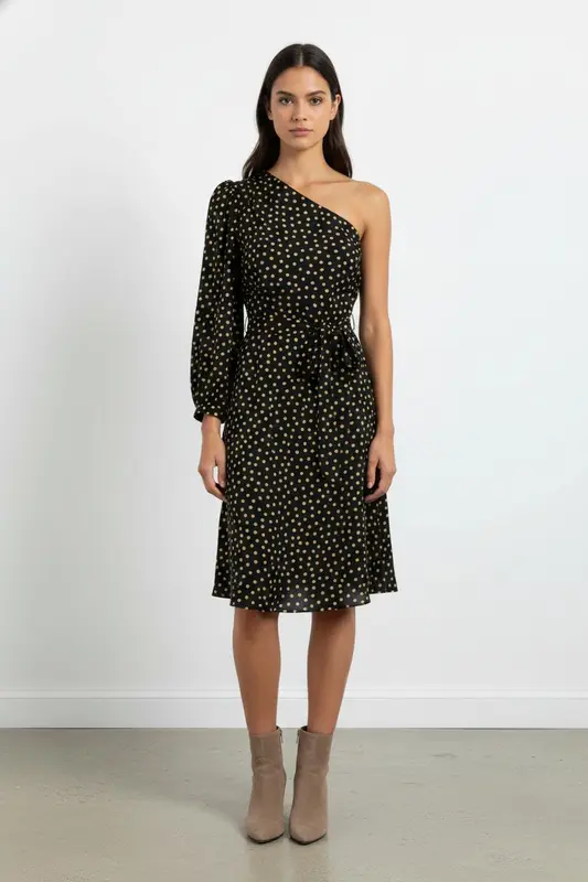 Robe Asymétrique Noire à Pois Jaunes - Taille XS/34