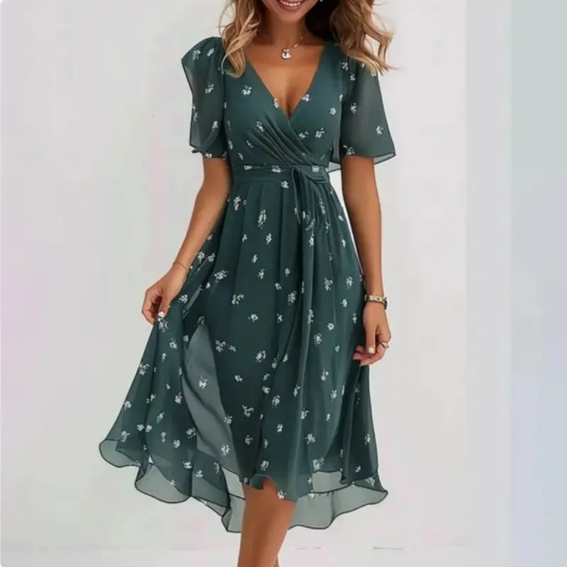 Robe Bella élégante col en V manches courtes coupe décontractée