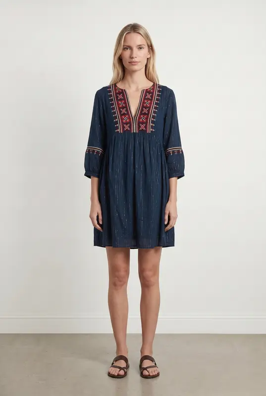 Robe brodée bleue et rouge - Taille S/36