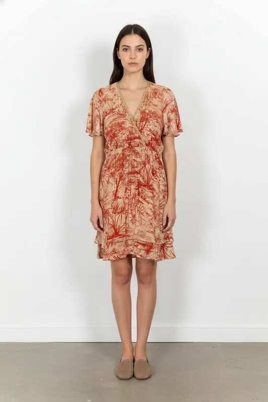 Robe Cache-Cœur Beige et Rouge - Taille S/36