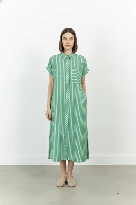 Robe chemise verte et blanche - Taille XS/34