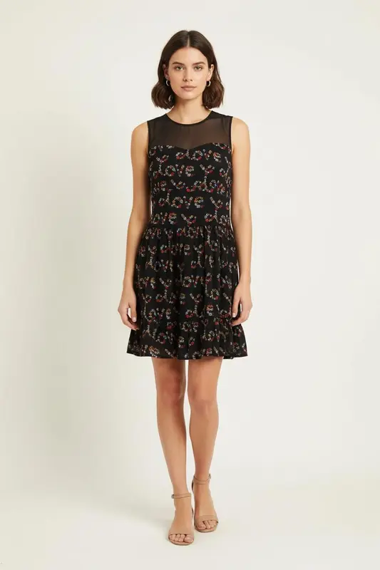 Robe Courte Noire à Fleurs Multicolores - Taille S/36