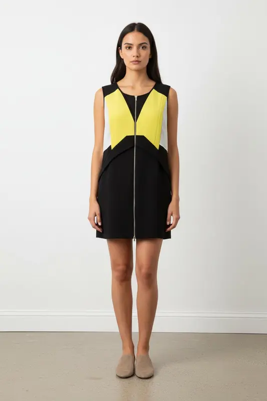Robe Courte Noire Jaune et Blanche - Taille L/40