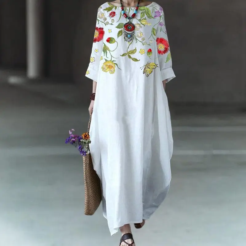 Robe Ember à imprimé floral vintage, avec poches et manches trois-quarts