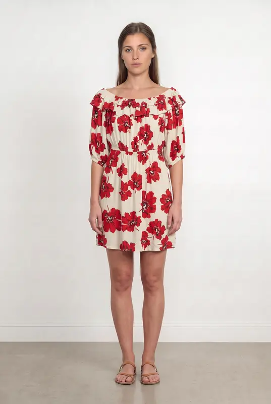Robe Épaules Dénudées Écrue et Rouge - Taille M/38
