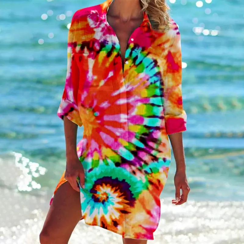 Robe femme imprimé floral boutonnée manches longues