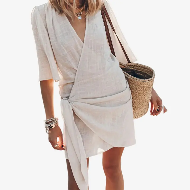 Robe femme mini col V manches courtes