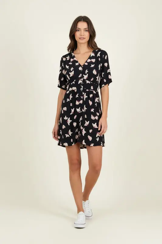 Robe Fleurie Noire et Blanche - Taille L/40