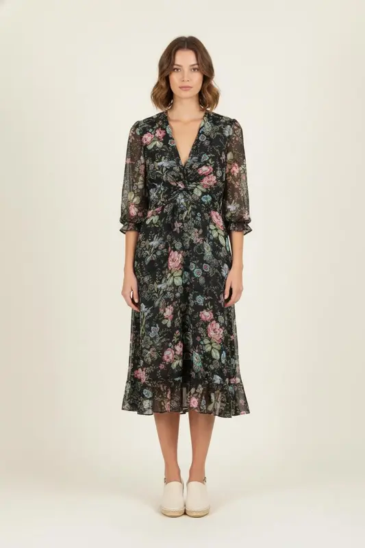 Robe Fleurie Noire et Rose - Taille XL/42