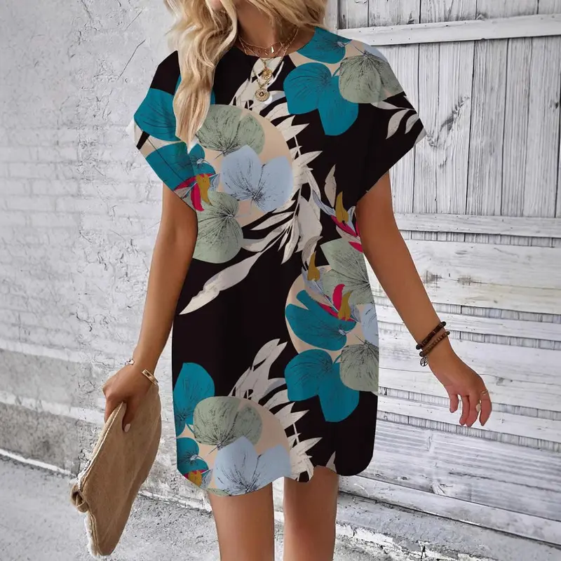 Robe Fleurie Oversize à Manches Courtes