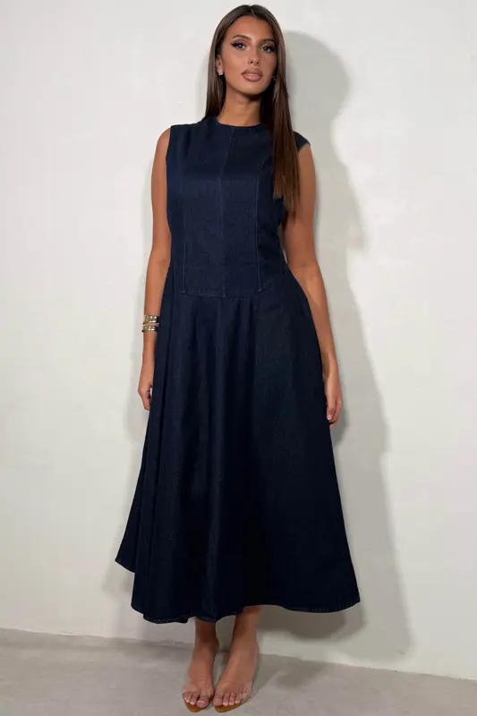 Robe Jean Longue Évasée Dos Nu Plongeant Bleu Brut