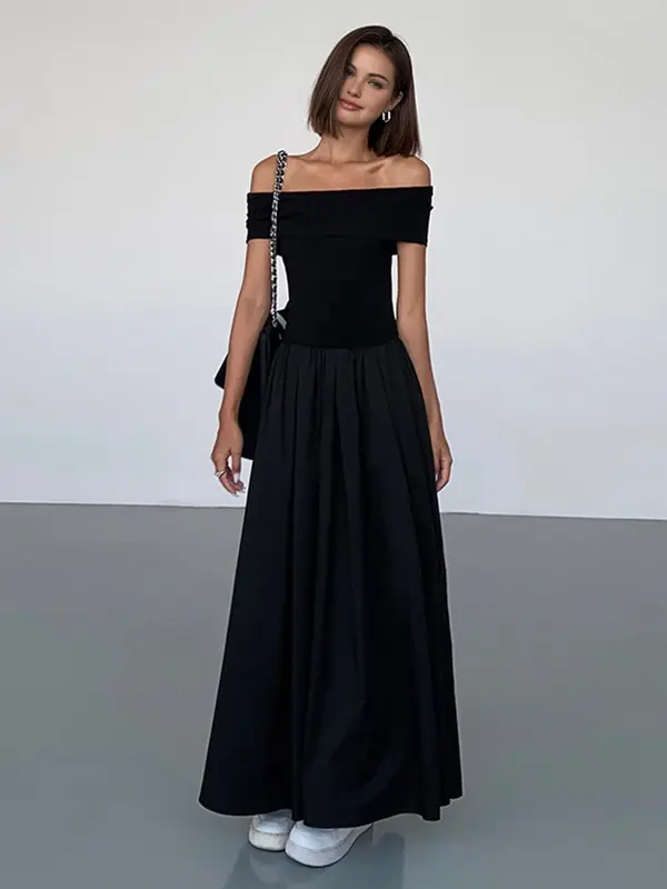 Robe longue femme épaules dénudées jupe plissée