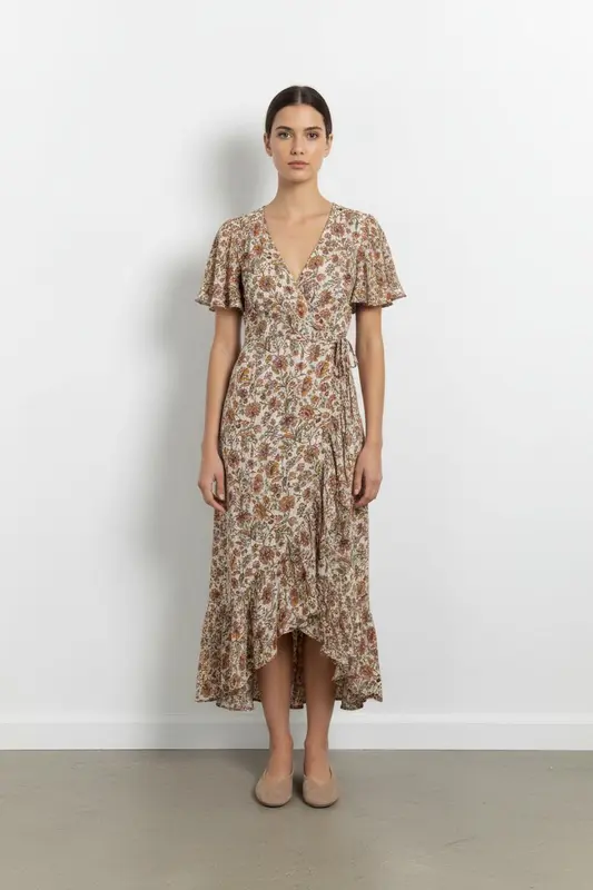 Robe Longue Fleurie Beige et Marron - Taille XS/34