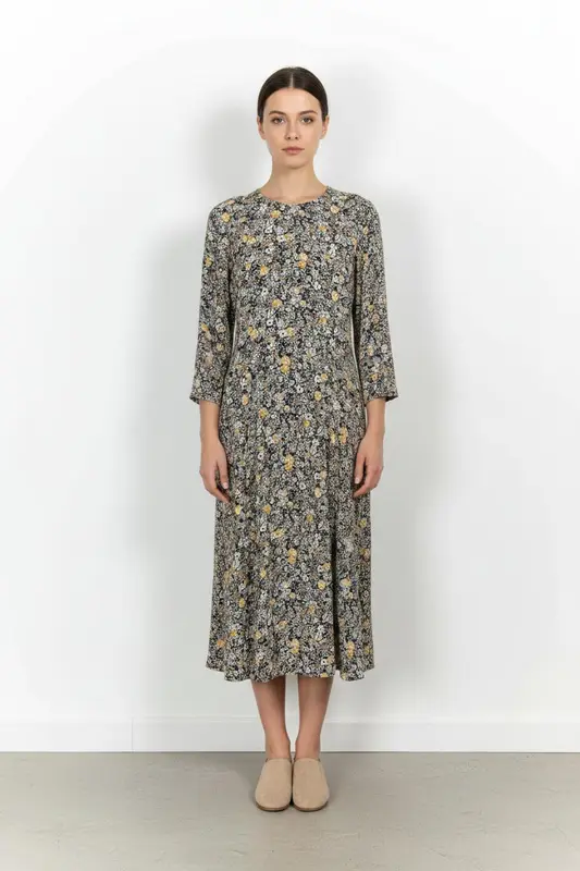 Robe Longue Fleurie Noire et Jaune - Taille L/40