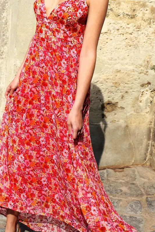 Robe longue - invitée Rose print corail