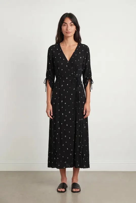 Robe longue noire à pois blancs et beiges - Taille M/38