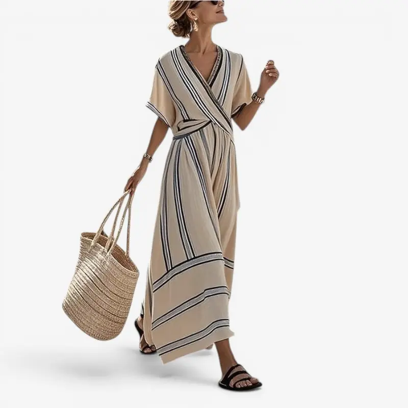 Robe longue rayée pour femme à col V