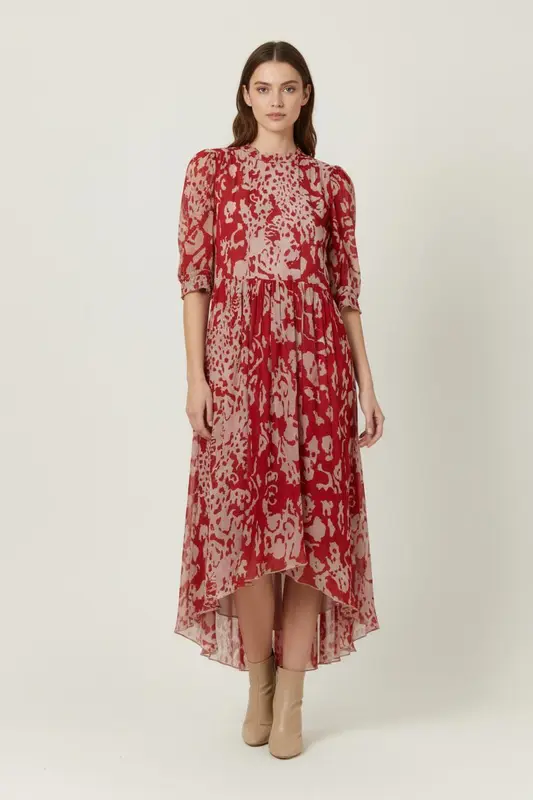 Robe Longue Rouge et Beige - Taille XS/34