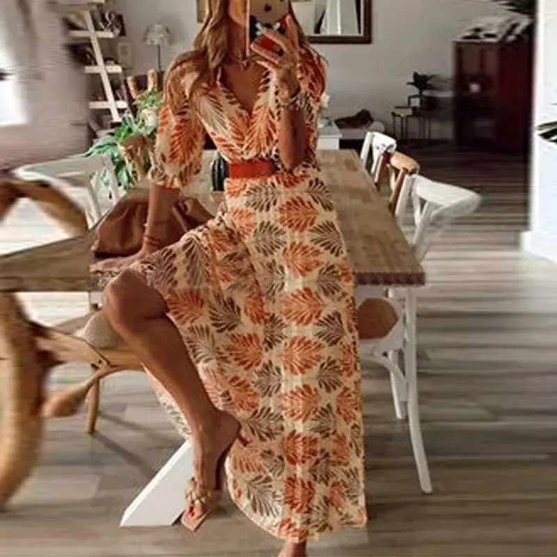 Robe longue Savannah manches courtes col en V