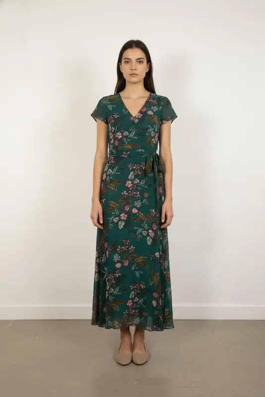 Robe Longue Verte à Fleurs - Taille XS/34
