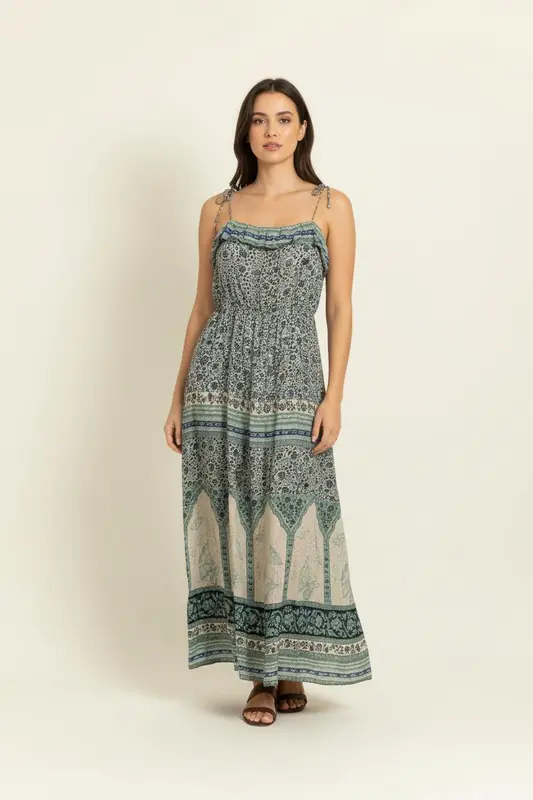 Robe Longue Verte et Beige - Taille M/38