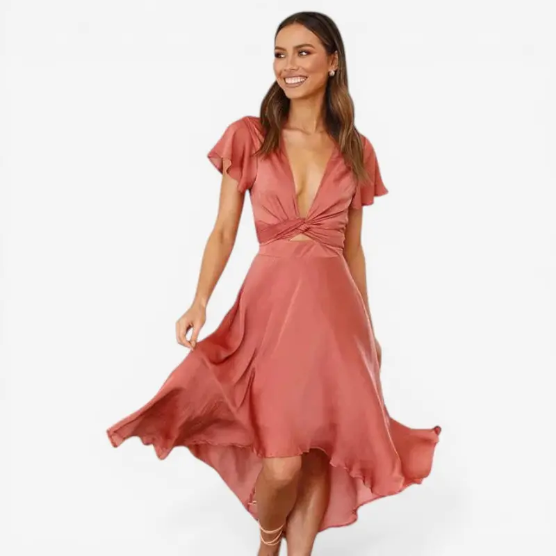 Robe Maxi à Col en V avec Volants et Ceinture Torsadée