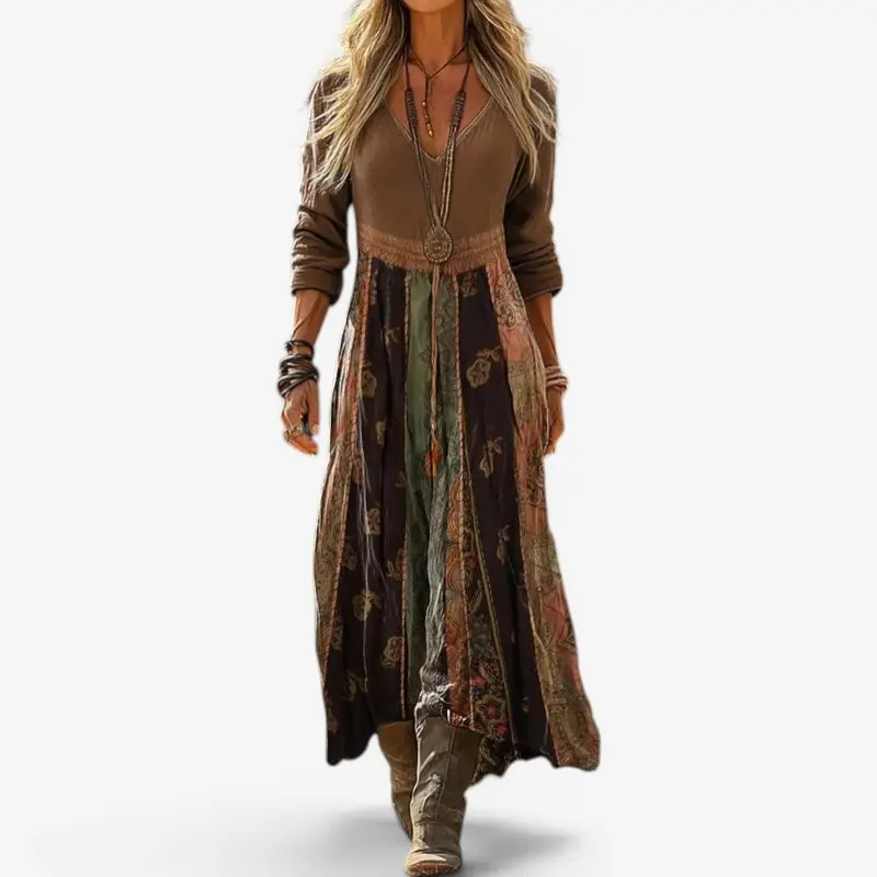 Robe Maxi à Manches Longues Col V