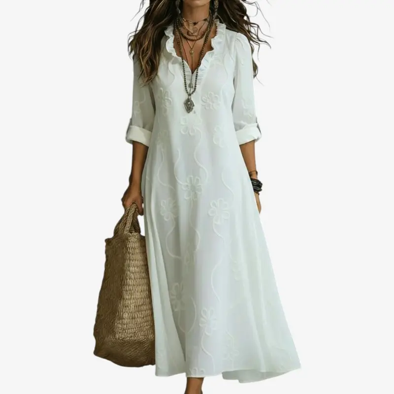Robe maxi brodée pour femme à col V