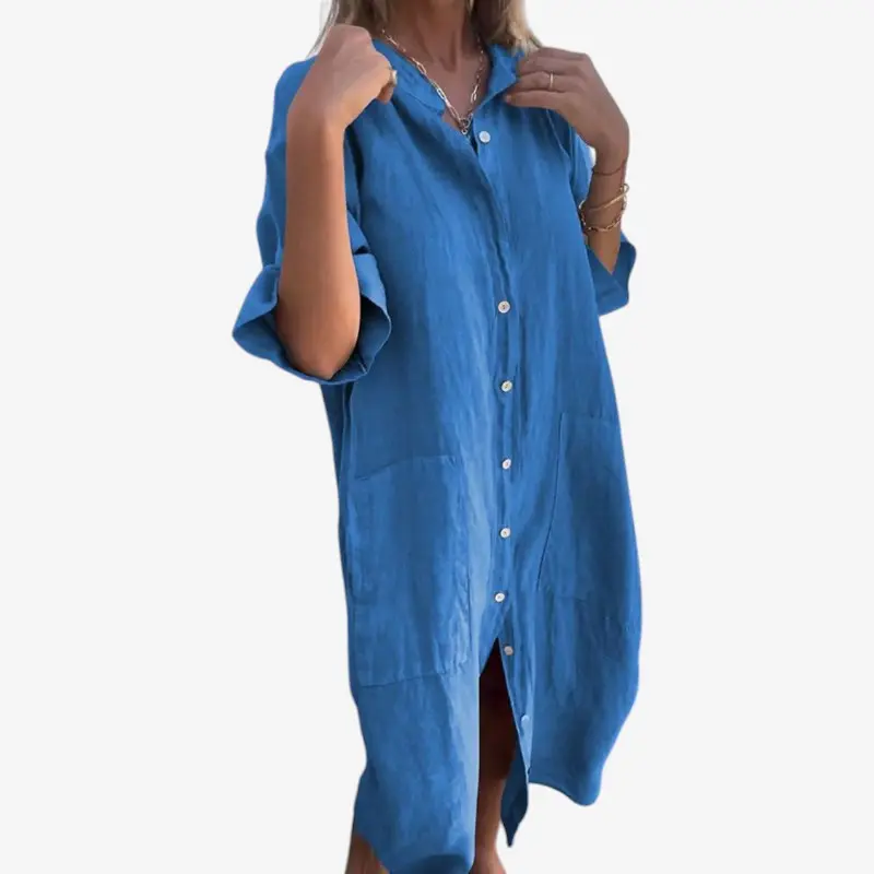 Robe Midi Boutonnée à Manches Longues