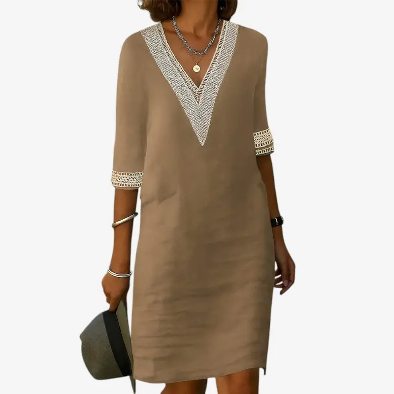 Robe midi brodée pour femme à col V